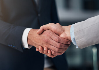 Handshake, hiring and hands of business men in office for partnership, recruitment deal and thank you. Corporate, collaboration and male workers shaking hands for onboarding, agreement and teamwork