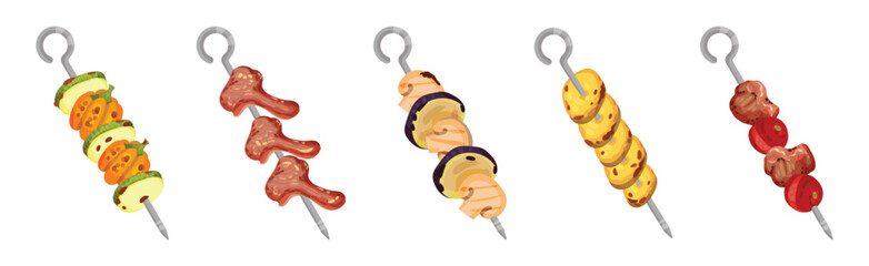 Meat and Vegetables Slabs Skewered on Metal Spits Vector Set