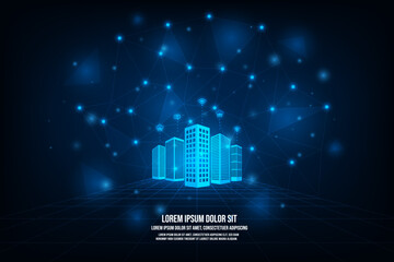 Vector smart city wireframe on blue background. City future building automation system business concept.