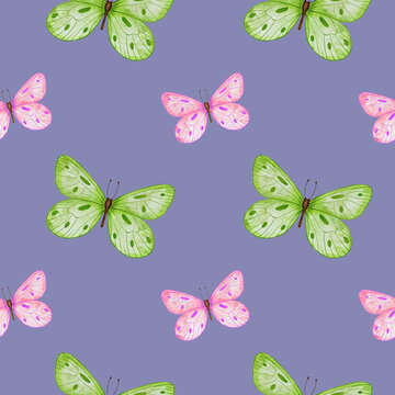 Butterfly. Watercolor seamless pattern with Pink and Green Butterfly. The wild nature. Illustration of an insect.