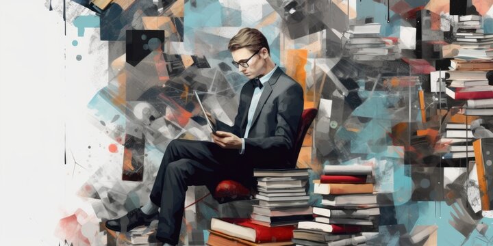 College student sitting on bunch of books. Beautiful illustration picture. Generative AI