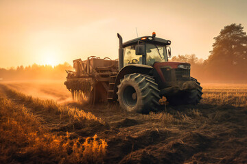 Naklejka premium Farm tractor working on the field in the morning. Agriculture and farming generic illustration. Created with Generative AI technology.