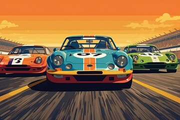 Vintage style motorsport poster with cars. Beautiful illustration picture. Generative AI - obrazy, fototapety, plakaty