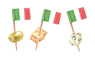 Watercolor illustration. Skewers with Italian appetizers. Blue cheese, parmesan, olives. The flag on the toothpick decorates the national dishes of Italy. Hand drawn Isolated on a white background