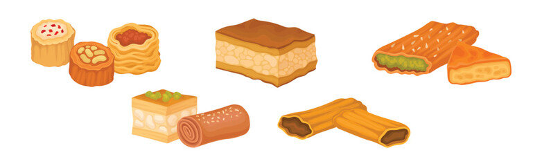 Turkish Delight or Arabic Sweet and Sugary Dessert Vector Set