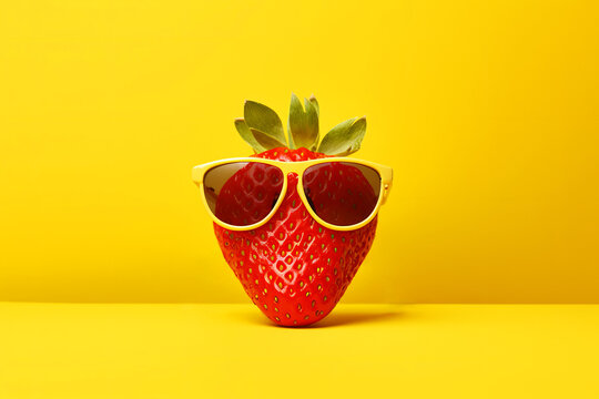 A fresh red strawberry wearing summer sunglasses. Generative ai