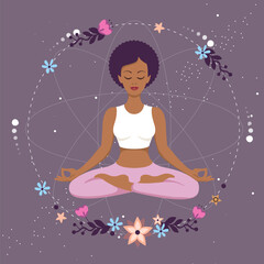 Fototapeta na wymiar Woman meditation in lotus position with floral elements in outer space. Vector illustration