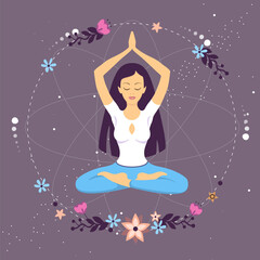 Fototapeta na wymiar Woman meditation in lotus position with floral elements in outer space. Vector illustration