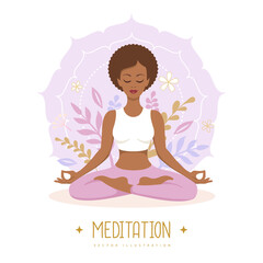 Fototapeta na wymiar Woman meditation in lotus position with floral elements and mandala. Vector illustration