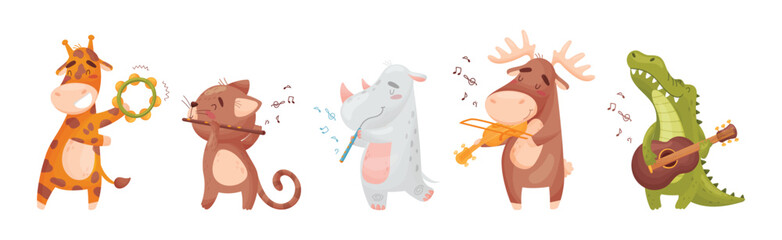 Cute Animal Character Playing Musical Instruments Performing Concert Vector Set