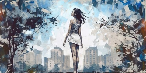 Obraz na płótnie Canvas Back view of happy girl that is standing outdoors and watching at city buildings. Beautiful illustration picture. Generative AI