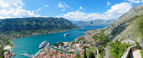 Beautiful view of the two large liners in the Bay of Kotor - 603962337