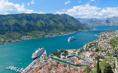 Beautiful view of the two large liners in the Bay of Kotor - 603962354