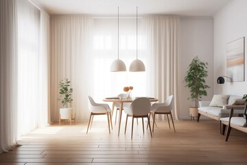 Fototapeta na wymiar Modern Beige Living Room with Dining Table and Poster Frame - 3D Interior Mockup. generative ai