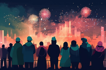 Fototapeta na wymiar color painting of people watching the firework display on New Years night. Sense of togetherness in colourful firework show. Happy friends and family meeting the new year, generative AI
