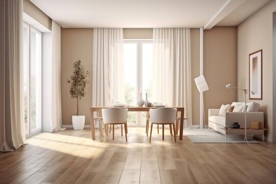 Modern Beige Living Room with Dining Table and Poster Frame - 3D Interior Mockup. Ai generative