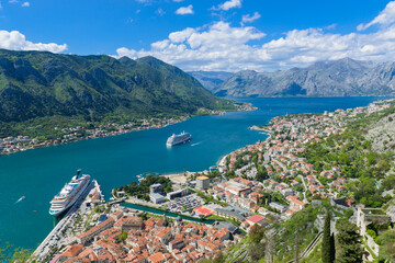 Beautiful view of the two large liners in the Bay of Kotor - 603962506