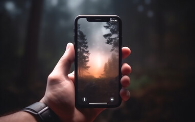 Hand holding a Smartphone screen with bokeh forest photography, close up