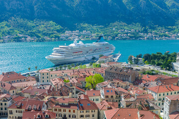 Beautiful view of a large ship in the Bay of Kotor - 603962750