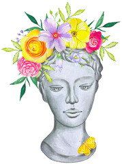 Vase in the form of a plaster female head with flowers, summer bouquet, watercolor