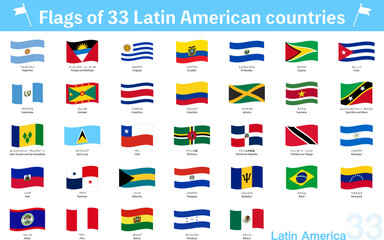 はためく世界の国旗アイコン、中南米33ヶ国セット