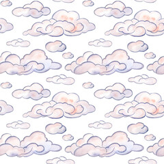 Seamless pattern of pink clouds of different sizes. Watercolor illustration isolated on a white background. Suitable for the design of postcards, invitations, cards, bed linen, textiles, printing