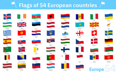 はためく世界の国旗アイコン、ヨーロッパ・NIS諸国54ヶ国セット