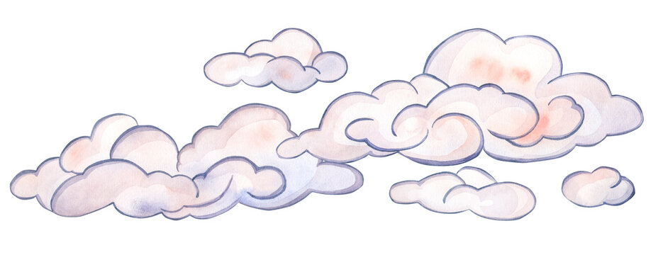 A composition of pink clouds of different sizes. Watercolor illustration isolated on a white background. Suitable for the design of postcards, invitations, banners, cards, bed linen, textiles,printing