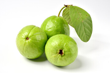 Pink guava fruits isolated on white background.Guava fruit with leaf isolated on white background.Thai Pink guava fruits isolated on white background.Copy Space.Copy Text.