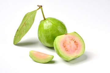 Pink guava fruits isolated on white background.Guava fruit with leaf isolated on white background.Thai Pink guava fruits isolated on white background.Copy Space.Copy Text.