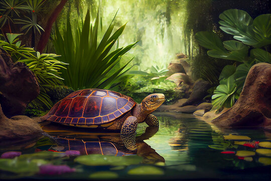Amazing turtle in the garden with pond, generative ai illustration