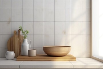 Fototapeta na wymiar Minimal White Marble Kitchen with Wooden Utensils - 3D Interior Mockup. Generative Ai