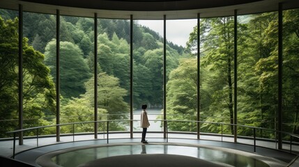 Peek into a modern marvel of architecture  in the heart of the forest. Sharp lines of concrete and glass blend harmoniously with lush greens, a symphony of design and nature. Generative AI