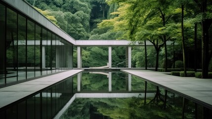Peek into a modern marvel of architecture  in the heart of the forest. Sharp lines of concrete and glass blend harmoniously with lush greens, a symphony of design and nature. Generative AI