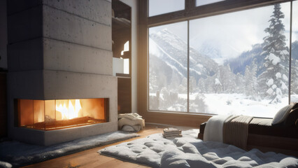 Cozy bedroom with fireplace and glass wall in winter