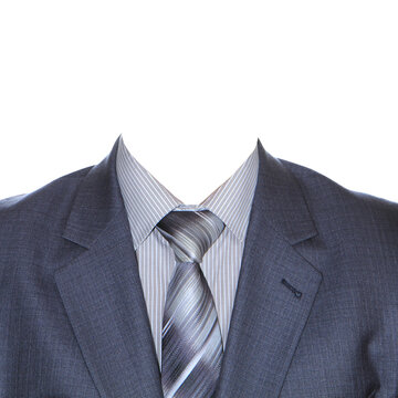 A grey men's suit is isolated on a white background.