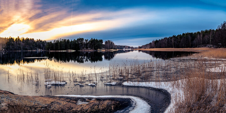 Sea and forest during sunset
