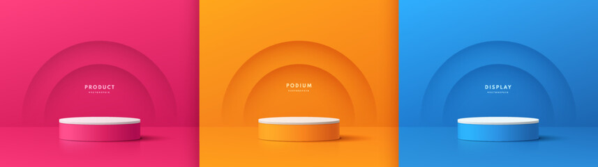 Set of 3d background with cylinder podium in pink, orange and blue with layers semi circle shadow. Wall minimal scene mockup product stage showcase, Promotion display. Abstract vector geometric forms. - obrazy, fototapety, plakaty