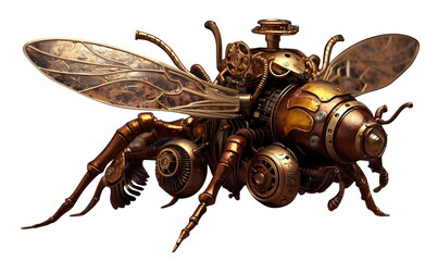 Mechanical steampunk  insect bee. Bronze and steel parts. Ai generate. Isolated on white transparent background.