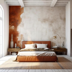 Interior design of modern bedroom with blank stucco wall with co
