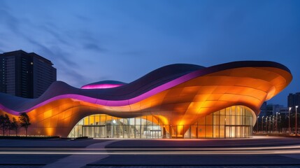 In the heart of night, an art museum glows with vibrant, pop-up colors. Its unique forms paint the darkness, dancing in its dazzling design. Generative AI