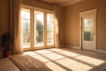 Luxury Beige Room with Glass Door to Backyard - 3D Interior Mockup. Generative Ai