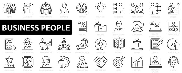 Fototapeta na wymiar Business people 36 icon set. Business teamwork icons. Work group and human resources. Outline icons collection. Vector illustration.