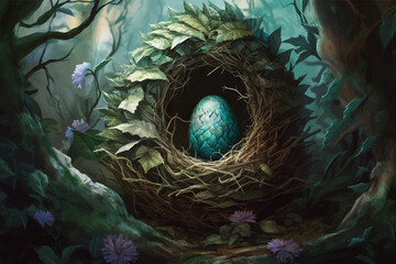 Fantasy Dragon Egg in the nest in the dark forest. Decorative Easter egg. Egg of a fantasy bird. Legend and Fairy Tale. 3D Digital painting