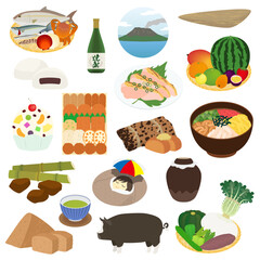 鹿児島の名物のイラストセット