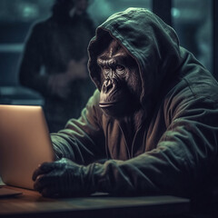 Image of gorilla dressed in a hoodie sitting in a bar and working on the laptop. Anthropomorphism