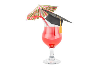 Bartender school concept. Tropical cocktail with graduation hat. 3D rendering