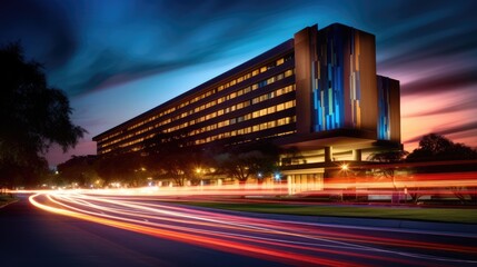 Fototapeta na wymiar Hospital building at night, with the warm glow of lights shining through the windows. Long exposure. Generative AI