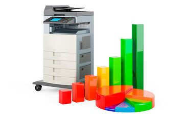 Office multifunction printer MFP with growth bar graph and pie chart, 3D rendering