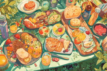 Outdoor Picnic Illustration Charcuterie Board Slow Living Dining 